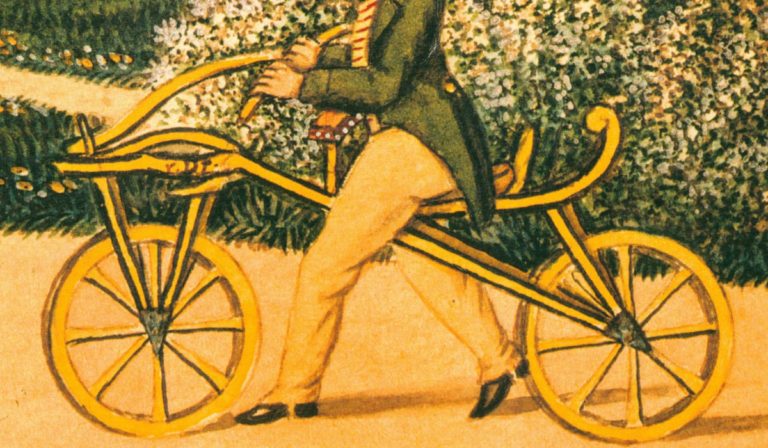 Karl von Drais on his original Laufmaschine, the earliest two-wheeler, or hobbyhorse in 1819