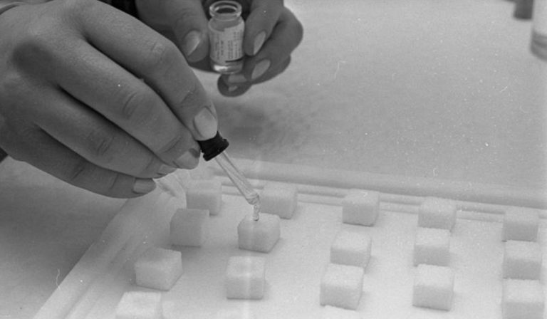 Doses of oral polio vaccine are added to sugar cubes for use in a 1967 vaccination campaign in Bonn, West Germany