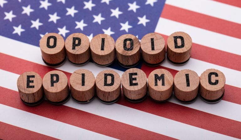 Opioid Epidemic Text On Cork Over American Flag