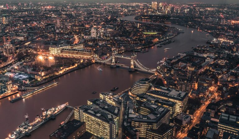 Aerial view of London at night