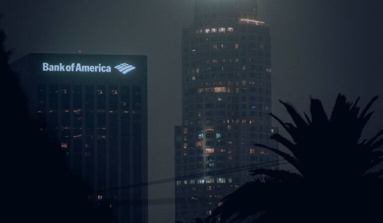 Bank of America logo on building at night