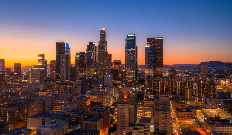 A city skyline with skyscrapers