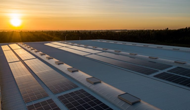 Solar panels on a building with sun in background