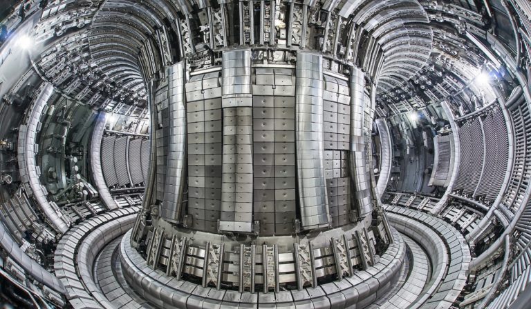 An internal view of the Joint European Torus vessel with a complete metallic wall of beryllium and tungsten.