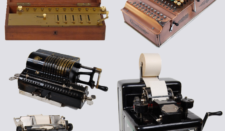 Various desktop mechanical calculators used in the office from 1851 onwards.