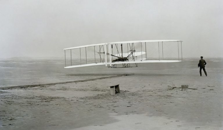 The first controlled, sustained flight of a powered, heavier-than-air aircraft with the Wright Flyer. December 17, 1903