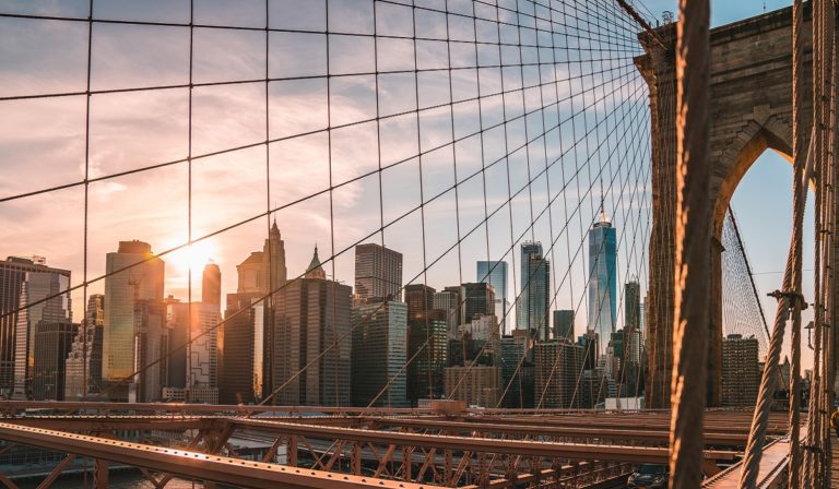 Brooklyn Bridge with buildings behind