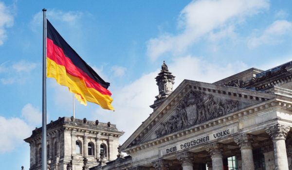 German flag in front of building