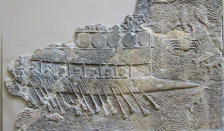 Warship with two rows of oars, in relief from Nineveh, (c. 700 BC).