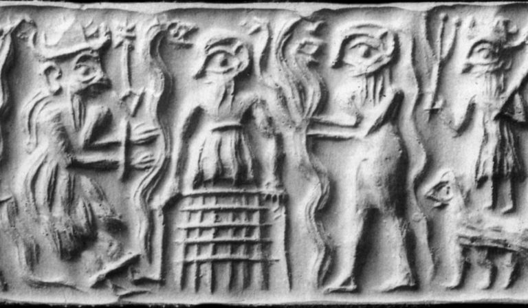 Ancient Sumerian cylinder seal impression showing Dumuzid being tortured in the Underworld