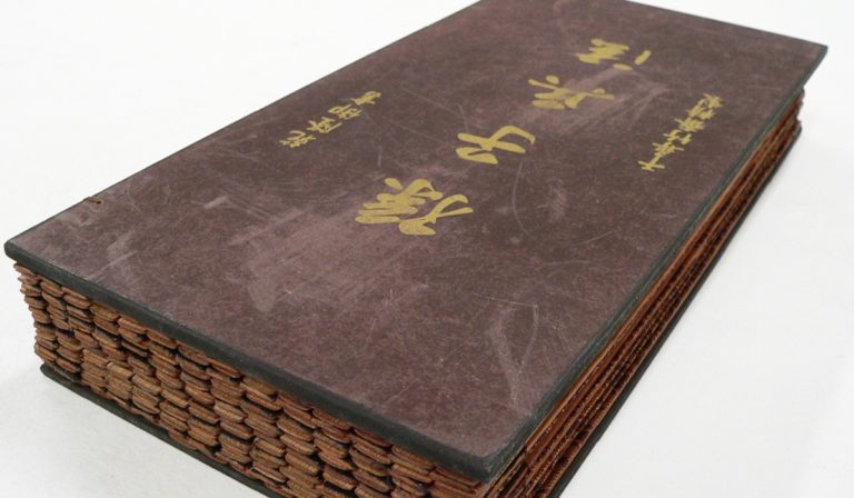 A Chinese bamboo book, closed to display the cover.