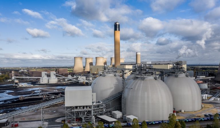 Aerial view of Drax power station and biomass storage tanks with carbon capture capabilities