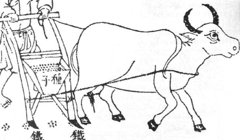 Drawing of Chinese person using double-tube seed drill