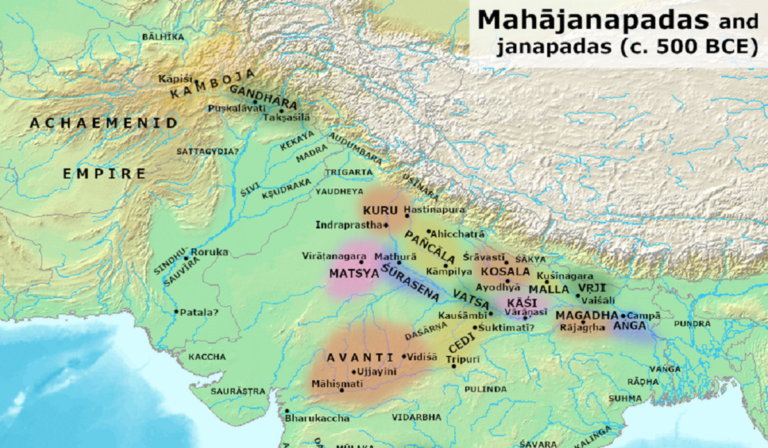 Map of Vajji (the Licchavika dependencies within the Vajjika League), Malla, and other Mahajanapadas in the Post Vedic period