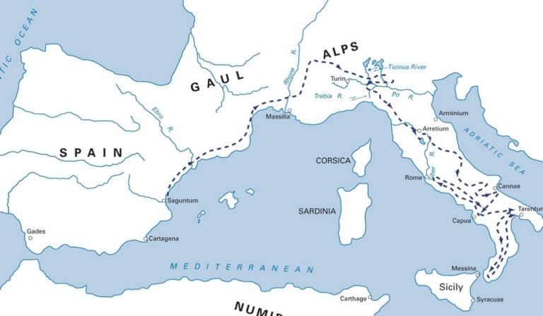 Map of Hannibal's route of invasion of Rome
