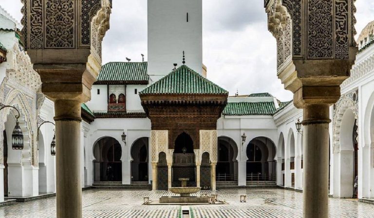 Courtyard of the mosque and its minaret at University of Al Qaraouiyine