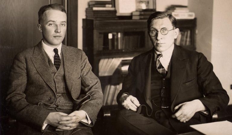 Canadian scientists Frederick Banting (right) and Charles Best circa 1924