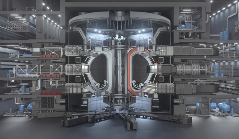 ITER Fusion Reactor. Tokamak. Thermonuclear Experimental power plant. Industrial zone with power station atomic energy production. 3D Render