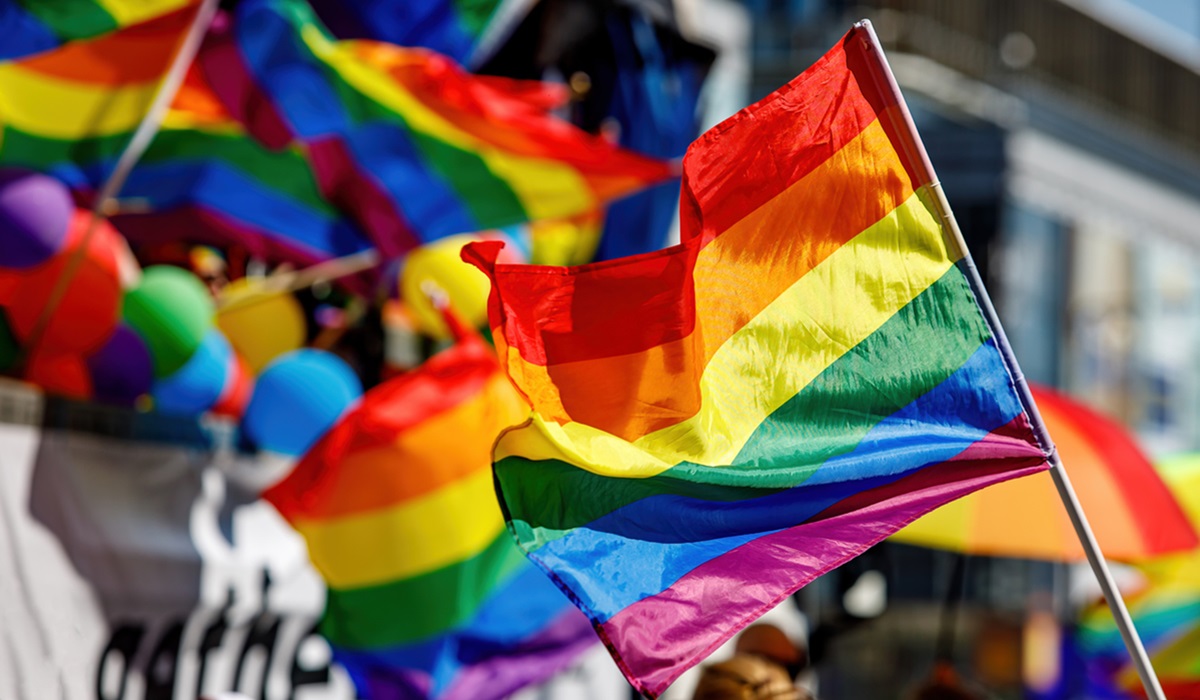 Lgbt pride rainbow flag during parade in the city .