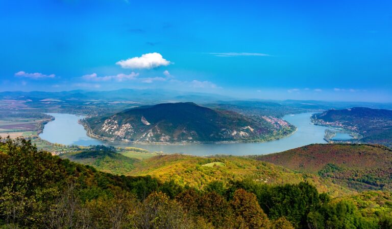 Danube river band from the predikaloszek view point in Hungary with Visegrad and Nagymaros