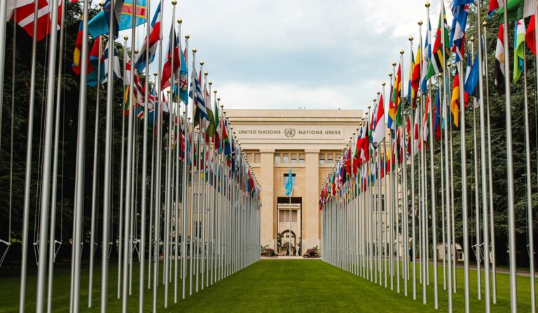 U.N. building with national flags in foreground