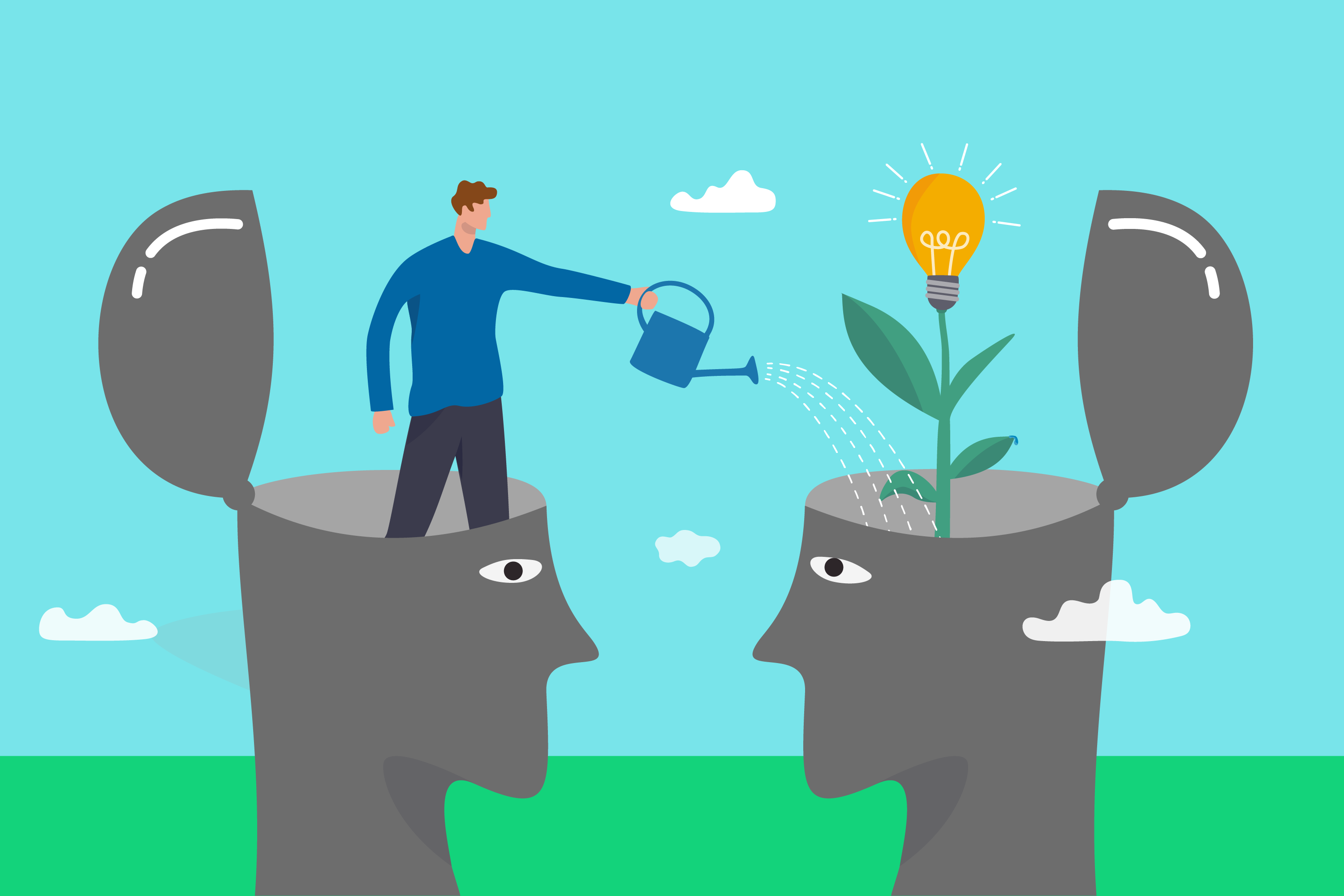 Illustration of man watering a mind with a light bulb growing out. Meant to explain "what is coaching?"