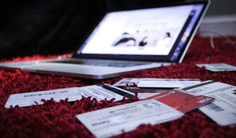 Credit cards in front of laptop