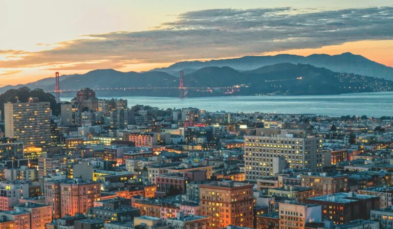 San Francisco and Golden Gate Bridge at sunset