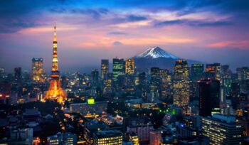 Aerial view of Tokyo cityscape with Fuji mountain in Japan.