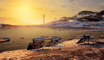 Mountain lake with wind turbines and solar panels|Solar Panels