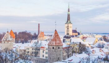 Snow-covered buildings in Tallinn