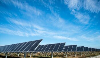 Solar farm with blue sky above|Kazahkstan landscape